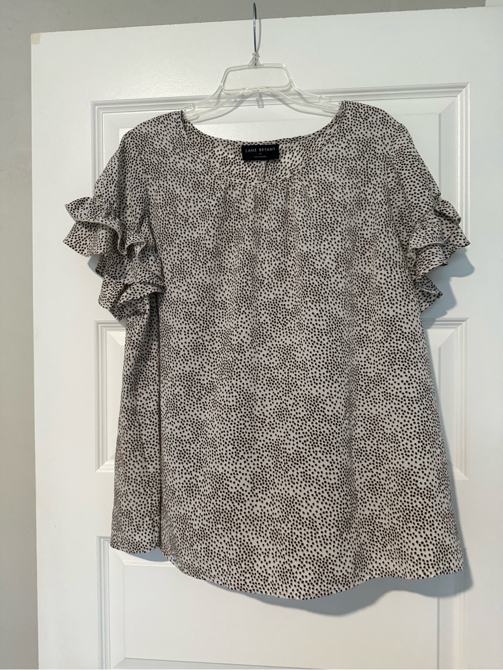 Lane Bryant White Blouse with Black and Cream Dots and Ruffle Sleeves
